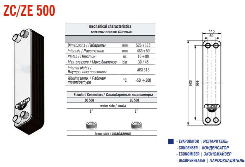теплообмінник пластинчастий ZE-500-10 размеры